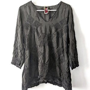 Johnny Was Black Embroidered 3/4 Sleeve Top XS